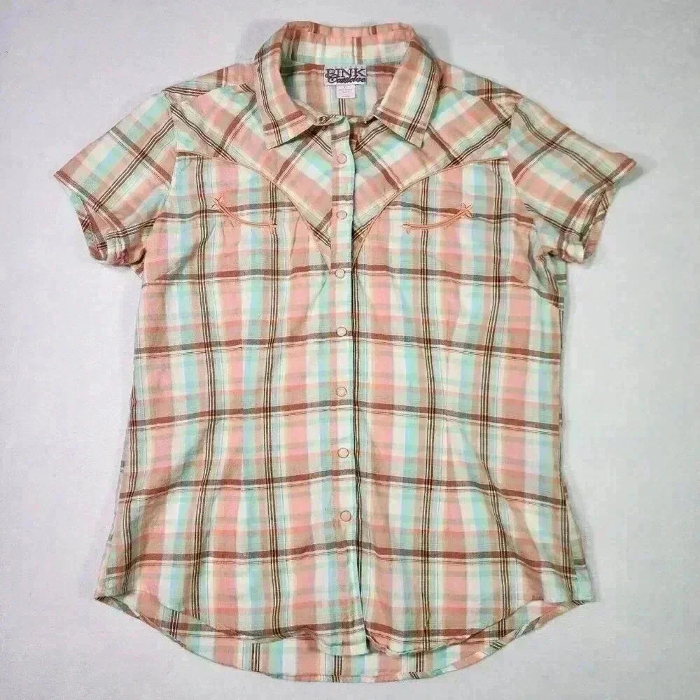 PINK Cattlelac Women's Western Short Sleeve L Peach Plaid Snaps Cowgirl Rodeo